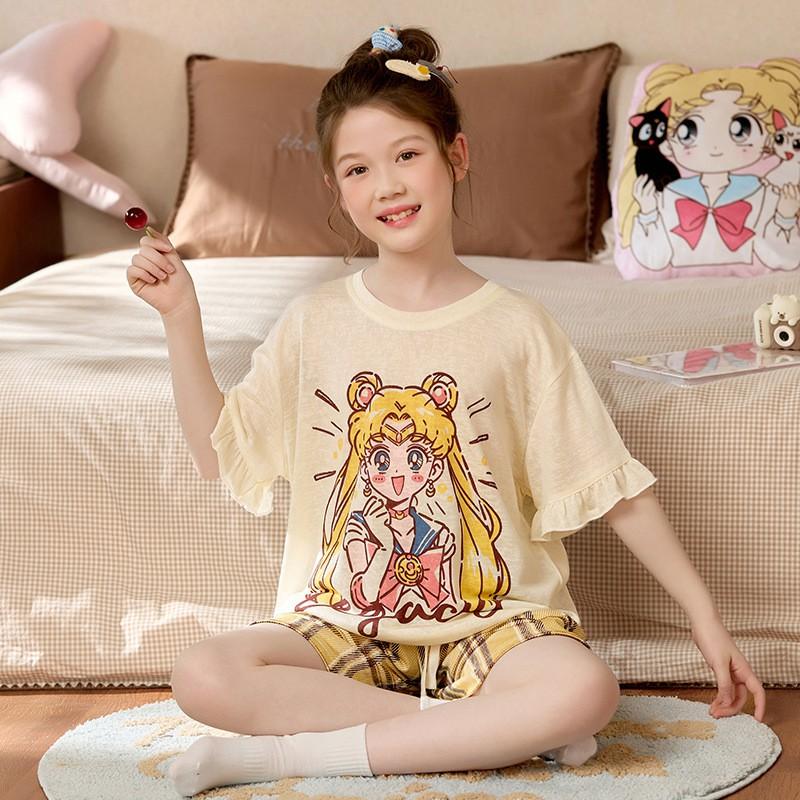 Girls Pajama Set Short Sleeve Cartoon Print Lyocell Cotton Sleepwear Ages 8 Comfortable Lightweight Home Outfit