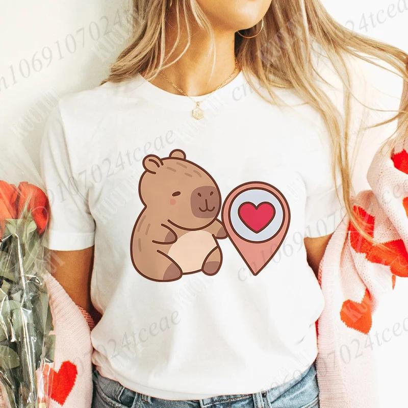 Love Heart Capybara Female Clothing Casual Tshirt Women Summer Harajuku Shirts Cute Graphic Tops Fashion Valentines Day Tees