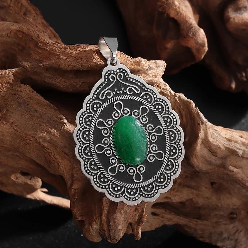 Retro Styl Boho Owalny Kwiatowy Naturalny Kamień Stal Nierdzewna Wisiorek Naszyjnik Damska Moda Elegancka Biżuteria Świąteczna Prezent