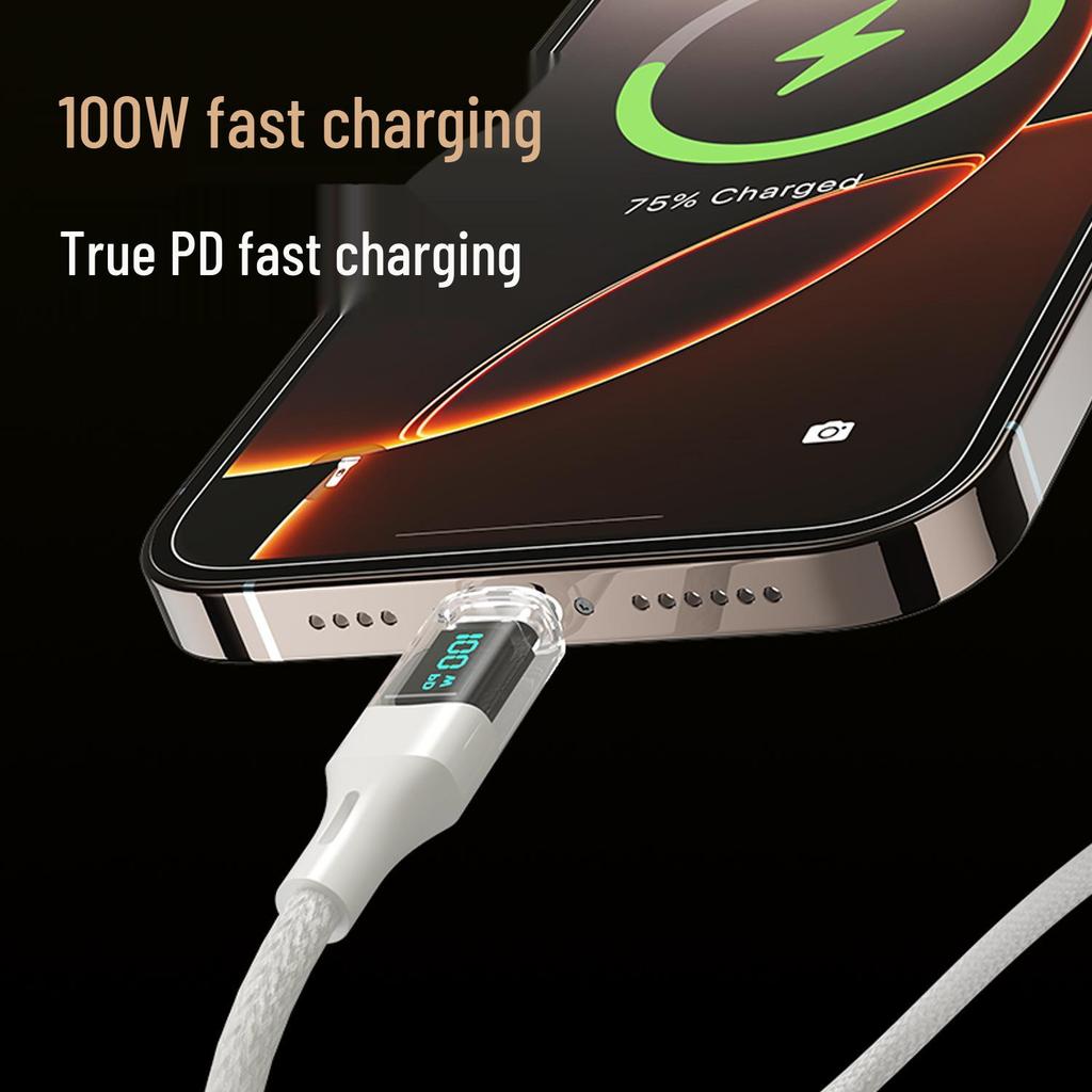 100W Transparent Fast Charging Dual Type-C Cable with Digital Display for Huawei & Apple Laptops