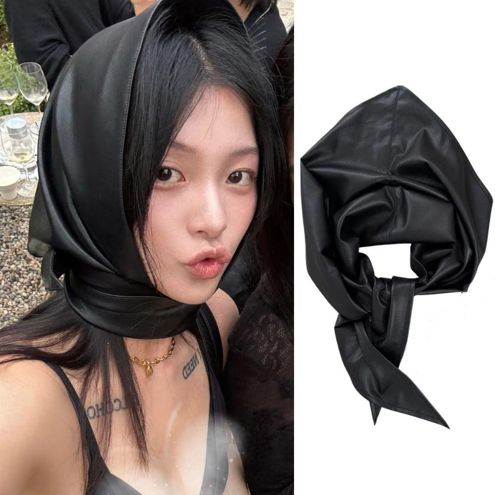 Designer Korean Style Leather Headscarf Women Y2k Triangle Scarf Luxury Retro Spicy Headband Hijab Warm Windproof Neck Head Wrap