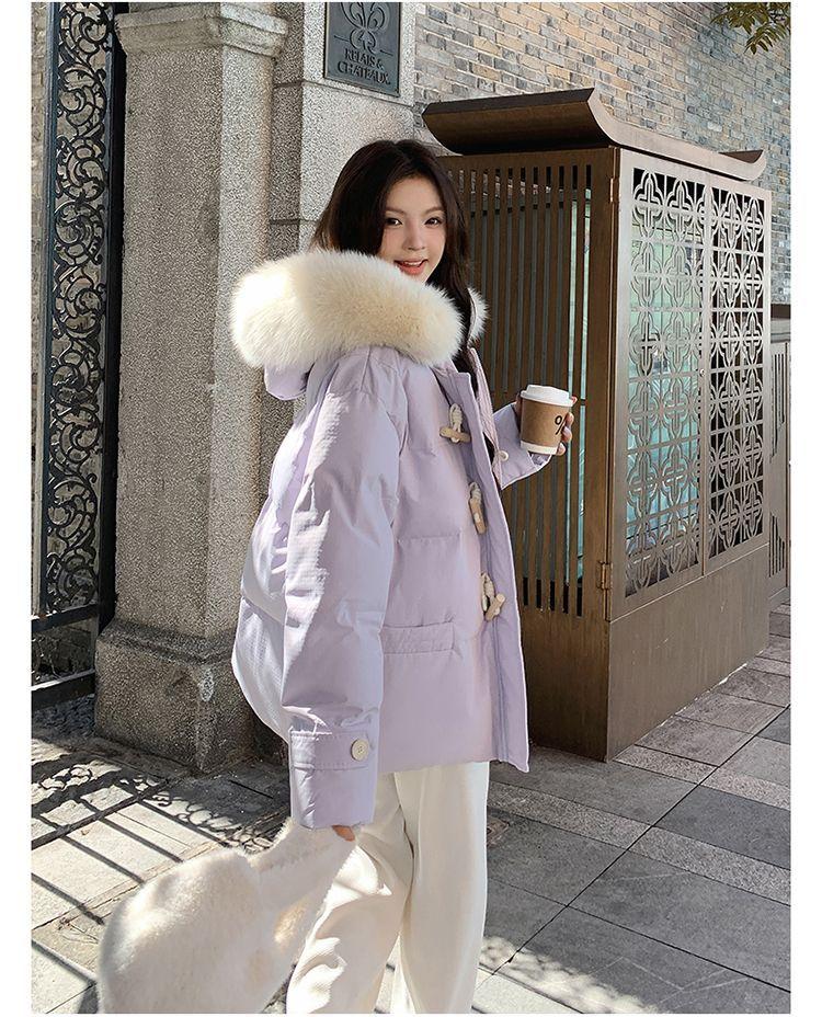 Women's Autumn and Winter Coat Solid Color Horn Button Hooded Fur Collar Loose Thickened Windproof Women's Jacket