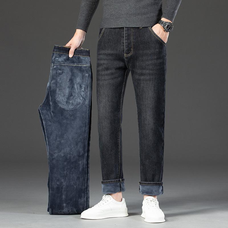 Autumn And Winter Elastic Fleece Warm Jeans Men'S Business Loose Straight Leg Pants Winter Casual Plus Plus Size Men'S Pants