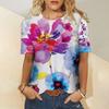 Women's summer round neck temperament breathable short-sleeved blue floral pattern top loose casual wear