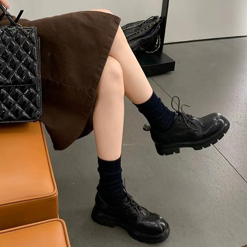 Grape mother washed shrinkage soft horse leather thick-soled lace-up Loafu British lace-up round head small leather shoes women