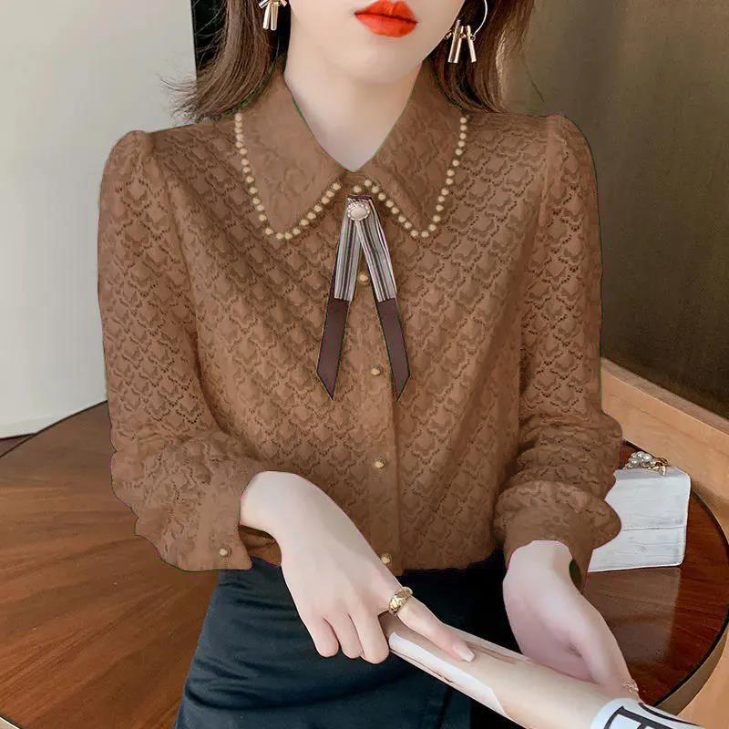 Women s Fleece-Lined Lace Shirt: Elegant, Slimming, Stylish for Autumn/Winter 2XL (120-130 lbs)