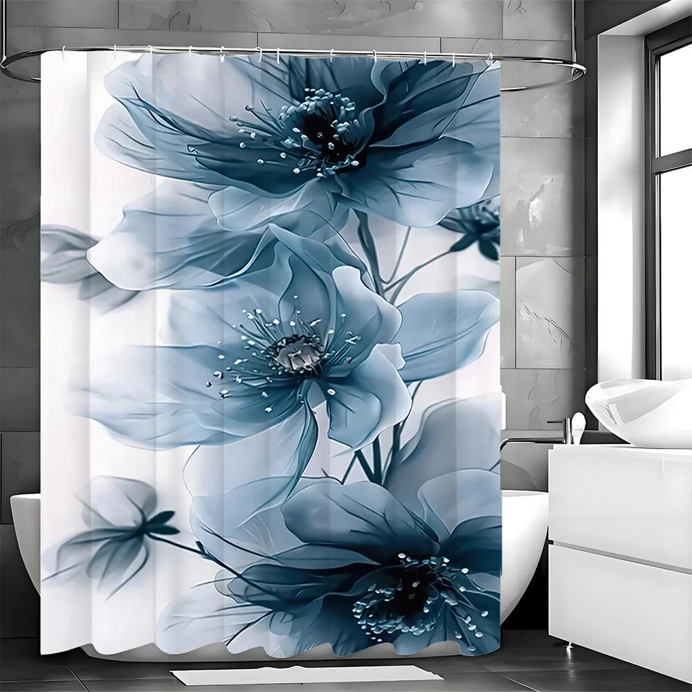 Niebieska kwiatowa zasłona prysznicowa, Dekoracyjna zasłona prysznicowa do łazienki, Wodoodporna zasłona prysznicowa z haczykami