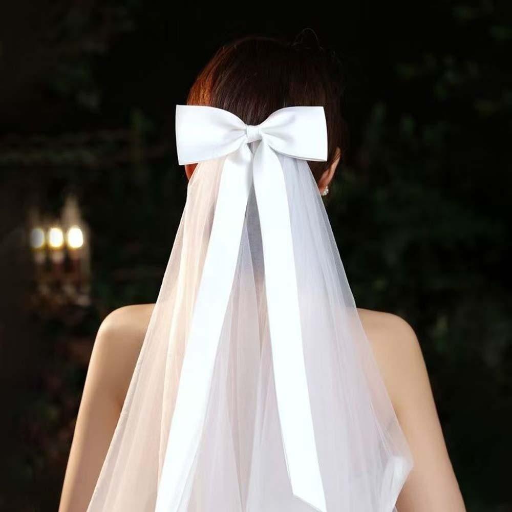 Șal Articol de Acoperit Cap Alb Mireasă Romantic Articol de Acoperit Cap de Mireasă Voal Frumos cu Fundă Lungă din Satin Biserică