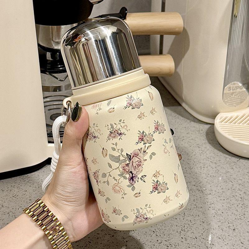 Large Capacity Rose Peony Retro Thermos Cup with Lanyard and Tea Separator