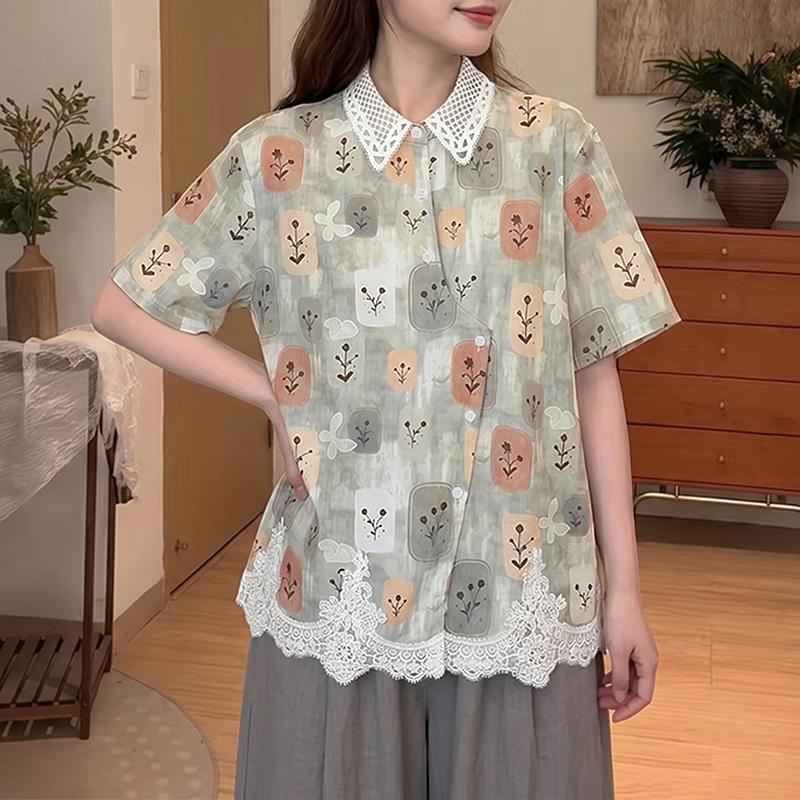ZANZEA Womens Splice Collar Loose Casual Short Sleeve Print Blouse M