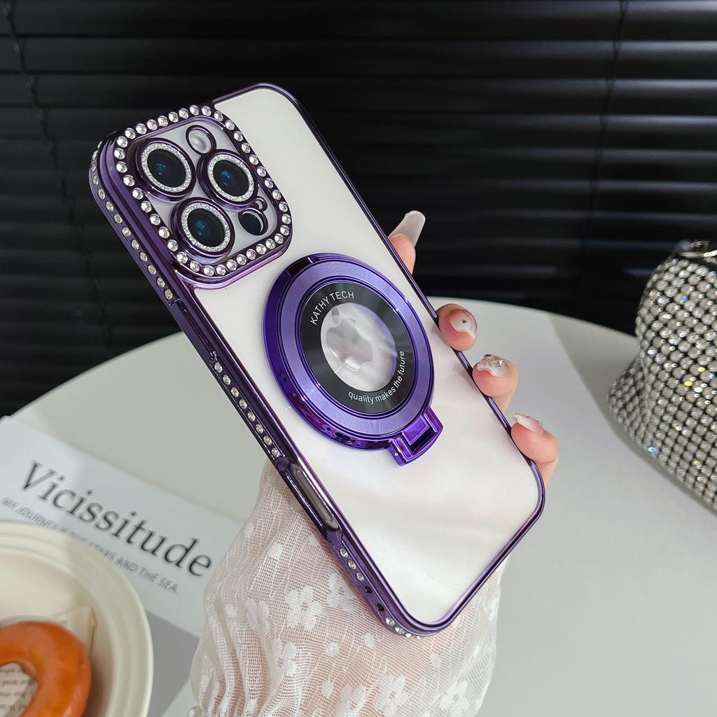 Magnetic Plating Glitter Diamond Camera Lens Protector Bumper Phone Case With Stand For iPhone 17 16 15 Pro Max Samsung S25 S24 Clear Protective Cover