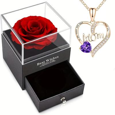Cadeau pour Filles Femmes Mère Boîte Cadeau Rose Éternelle Collier Cœur Je t'aime jusqu'à la lune et retour Boîte à Bijoux pour Mariage Noël