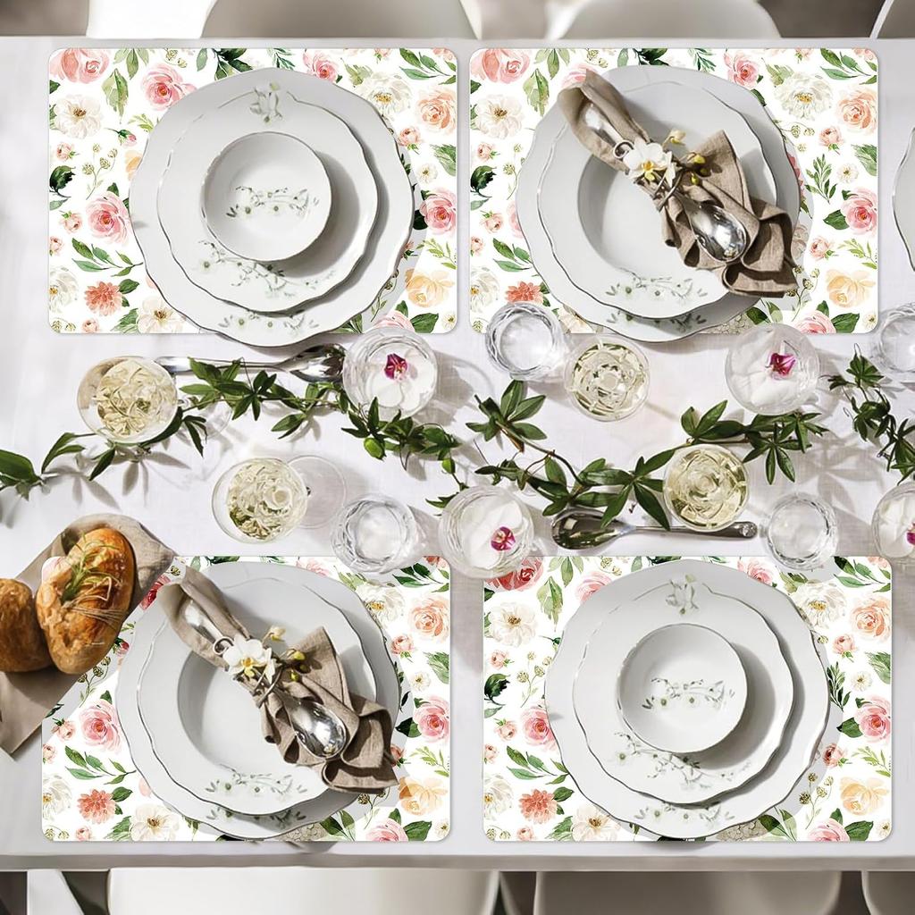 Colorful Floral Spring Plastic Placemats Set of 6,Summer Watercolor Flowers Place Mats,Washable Table Mats