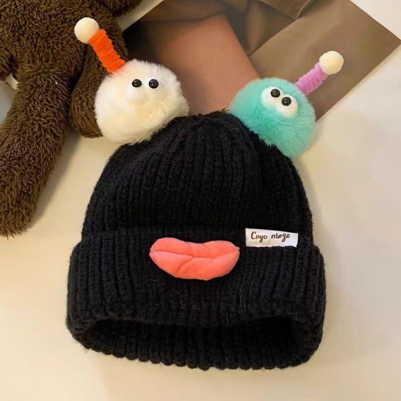 A Knitted Hat with Strange Colors and Novel Styles, Cute Autumn and Winter Children's Wool Ball Hat for Warmth Fun Creativity