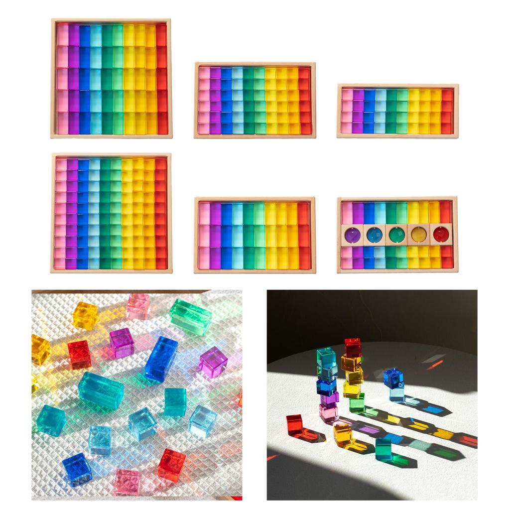 100 Pieces Rainbow Building Blocks Acrylic Gemstone Cubes Stacking Game Toy with Wooden Storage Box