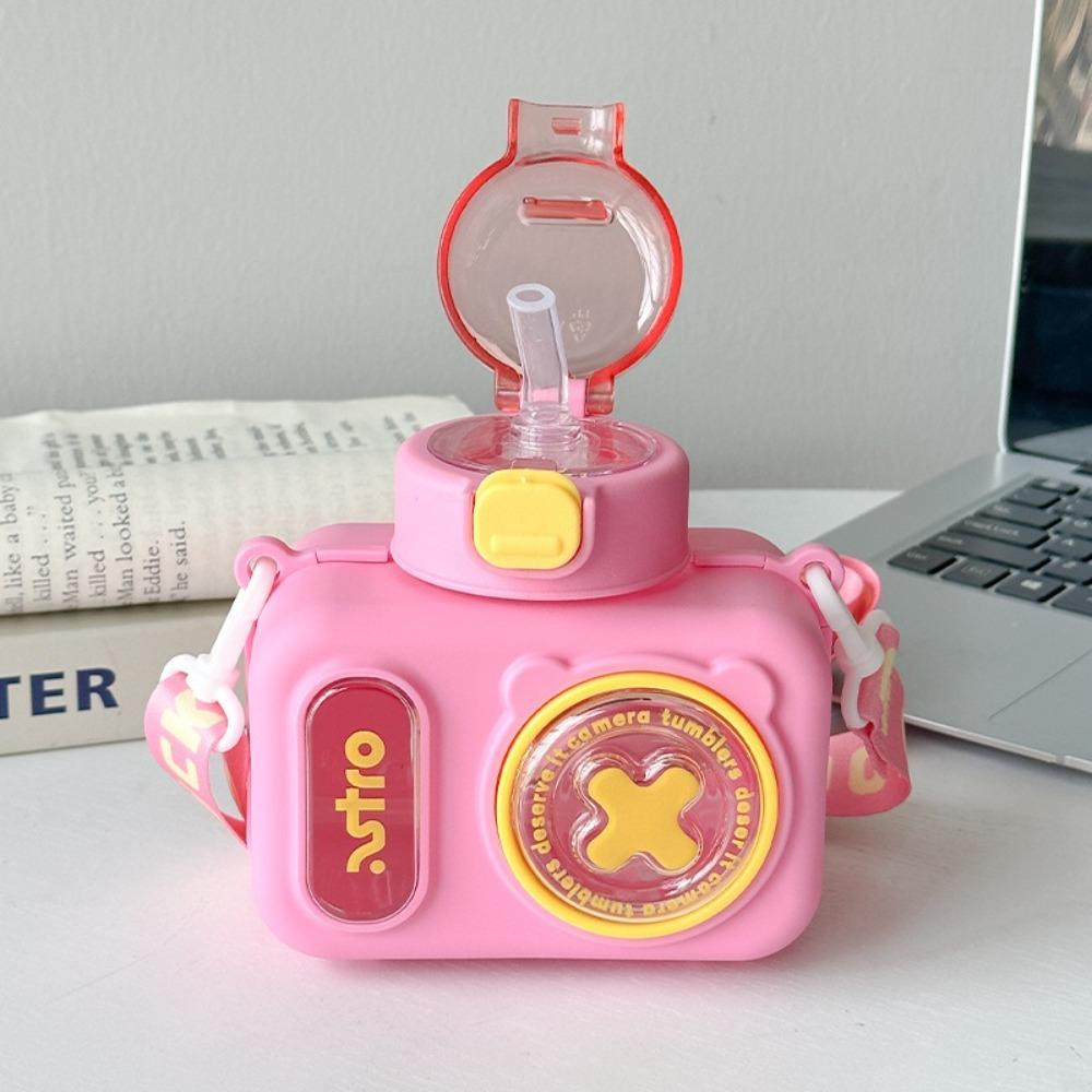 Plastic Straw Water Cup Sealed Design Water Bottle Portable Cartoon Camera Cup  Outdoor Activities