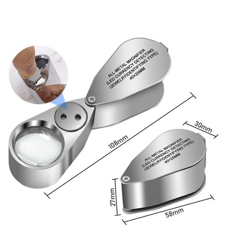 40X Mini Smyckesförstoringsglas med LED UV-ljus Vikbart Förstoringsglas Bärbart Handhållet Ögonförstoringsglas 25mm Smyckesloop