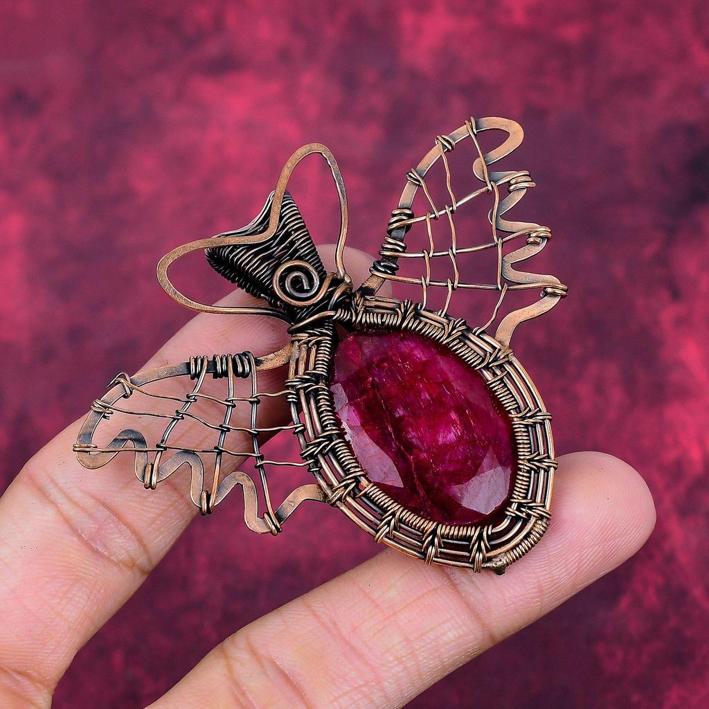 Faceted Kashmir Ruby Pendant Butterfly Design Pendant Copper Wire Wrapped Jewelry