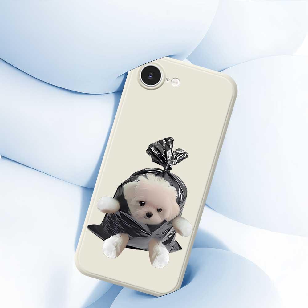 For iPhone 16e Case Garbage Bag Dog Pattern Printing Straight Edge TPU Phone Back Cover