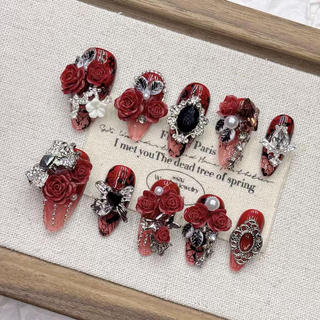 Red Gothic Almond Short Handmade Diamond Nail Set