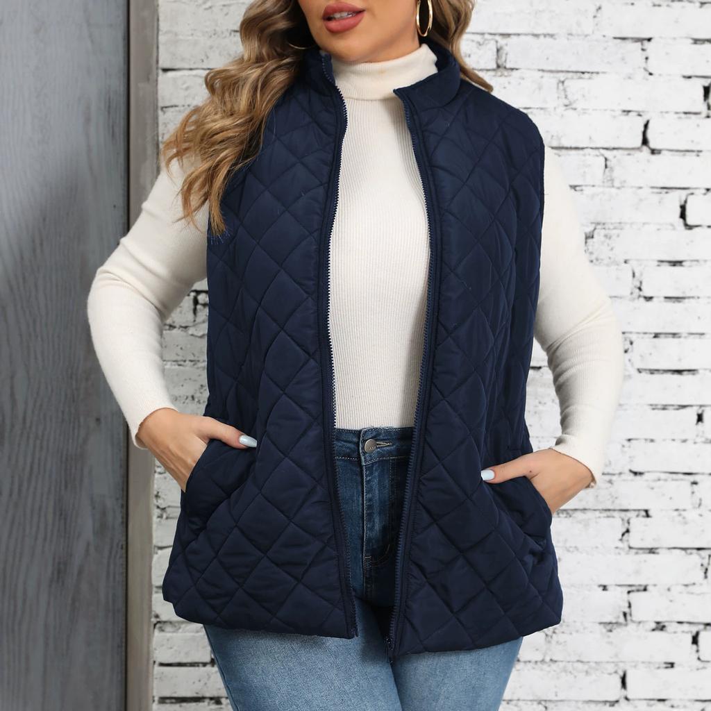Plus Size Solid Color Quilted Vest Coat Women Stand Collar Zip Waistcoat