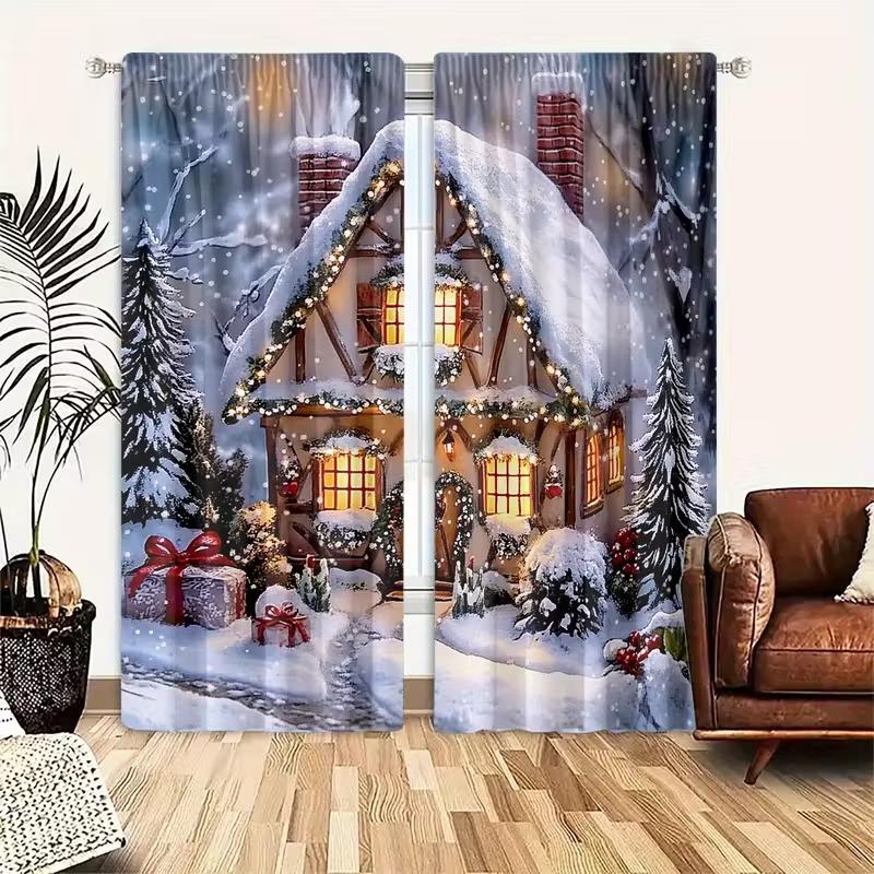 2pcs Snowy Chalet Christmas Curtains Warm Design Polyester Window Decor for Holiday Living Room Bedroom Rod Pocket Curtains