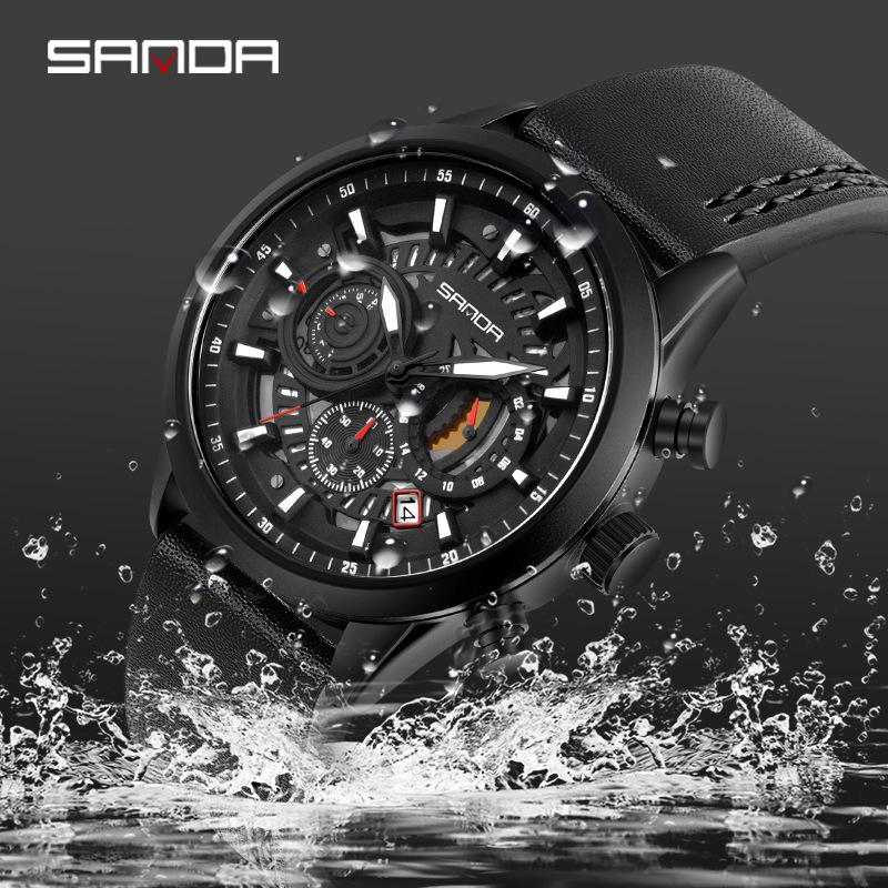 Sanda Cool Large Dial Six-Needle Waterproof Men's Watch with Genuine Leather Strap - Trendy and Fashionable Design.