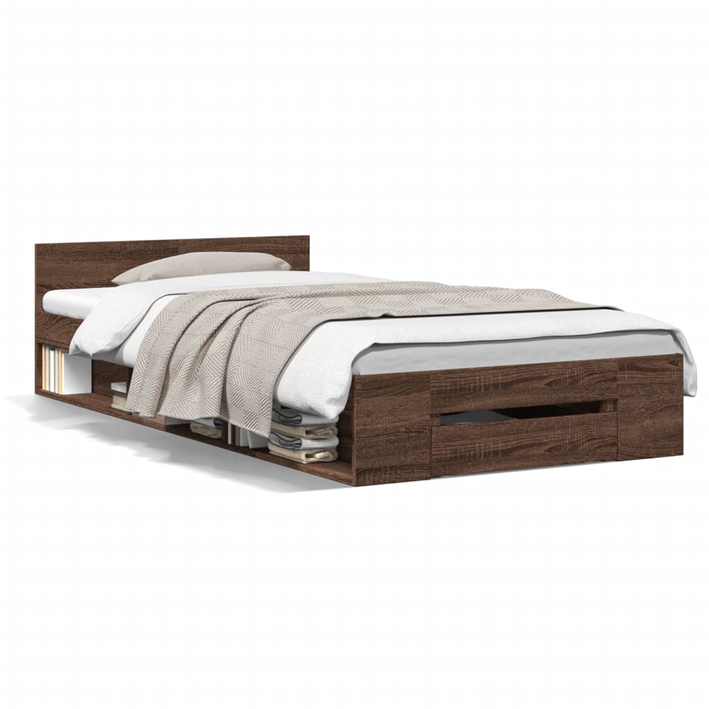 Bed Frame with Drawer Brown Oak Effect 75 X 190 Cm Engineered Wood