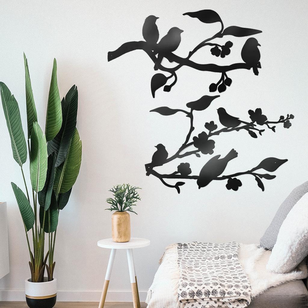 Décoration Murale Oiseaux En Métal Sur Branche - Silhouette Feuilles, Idéal Jardin Balcon Intérieur (Lot De 2)