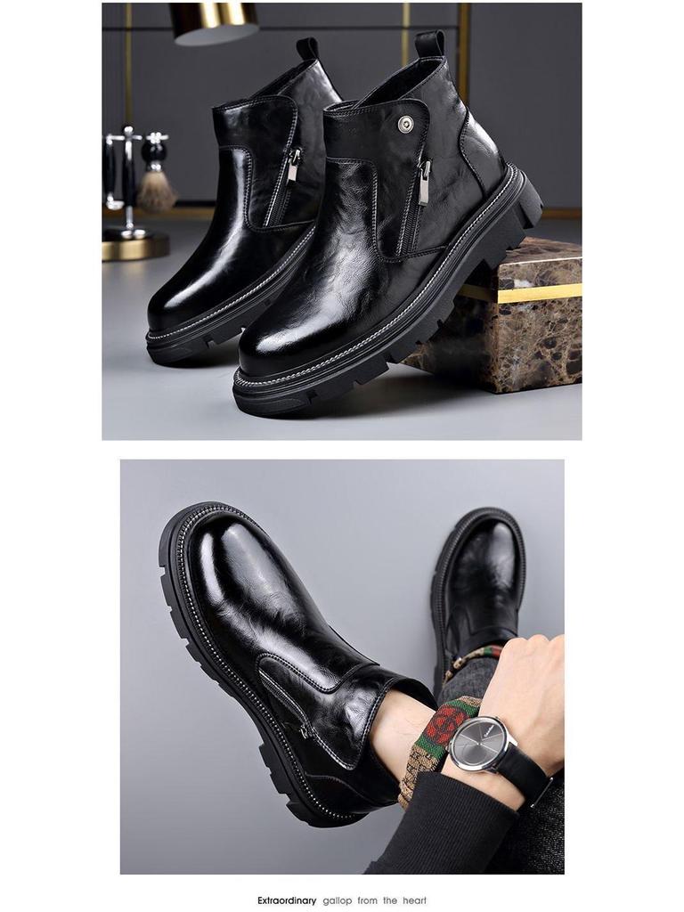 Men's Genuine Leather Chelsea Ankle Boots - Winter, Plus Velvet Lining, Thick Sole, High-Top British Style Warmth.