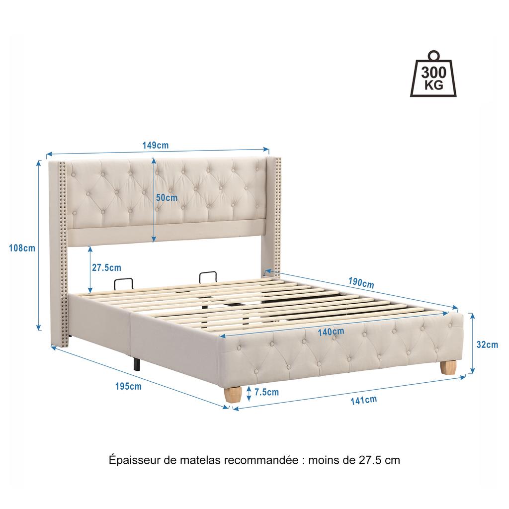 Upholstered bed 140*190cm with slatted base and headboard, button upholstery, rivet trim, wooden legs, linen, beige