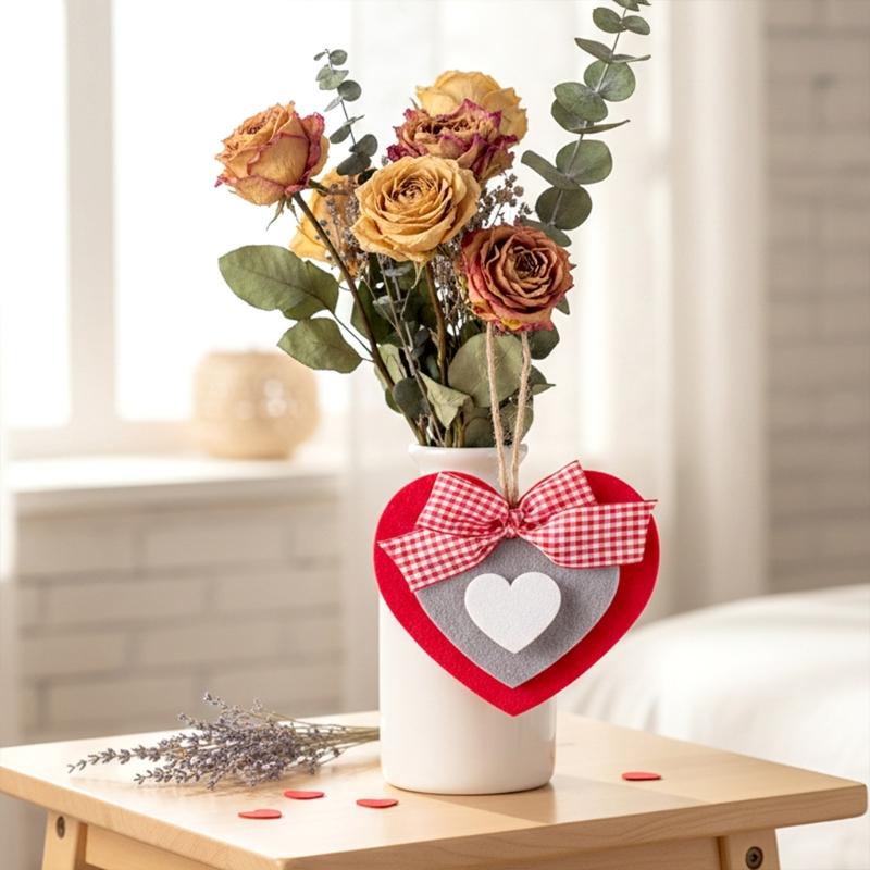 6Pcs Valentine's Day Heart Shape Ornament Felted Cloth Heart Pendants for Mantels Wall Window Door Tree Display