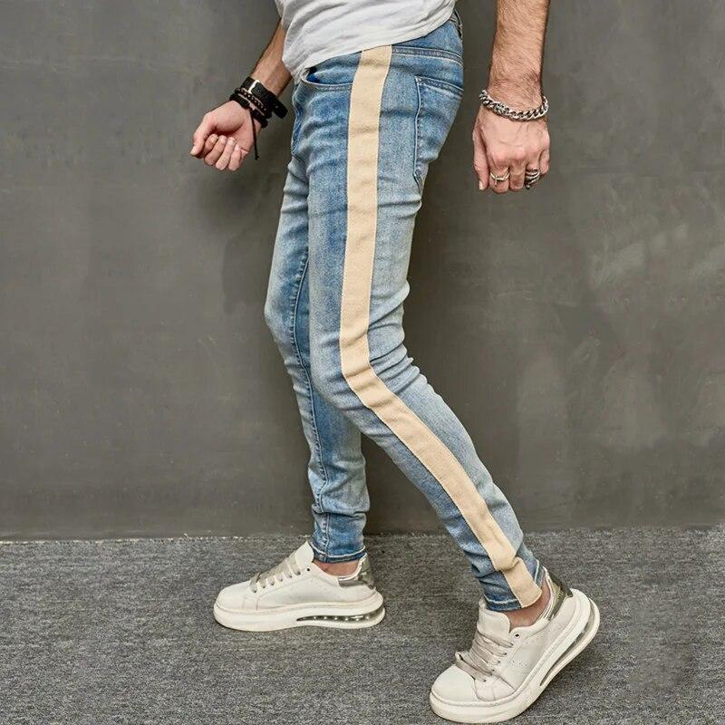 Men's Spliced Slim Pencil Jeans Street Solid Color Casual Denim Trousers