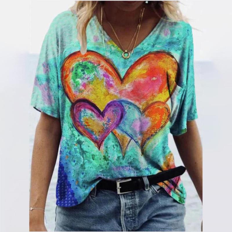 Women's T-shirts Summer Gradient Graphics Tops V-Neck Fashion Female Vintage Clothing Floral Print Tees Loose Oversized T-Shirts