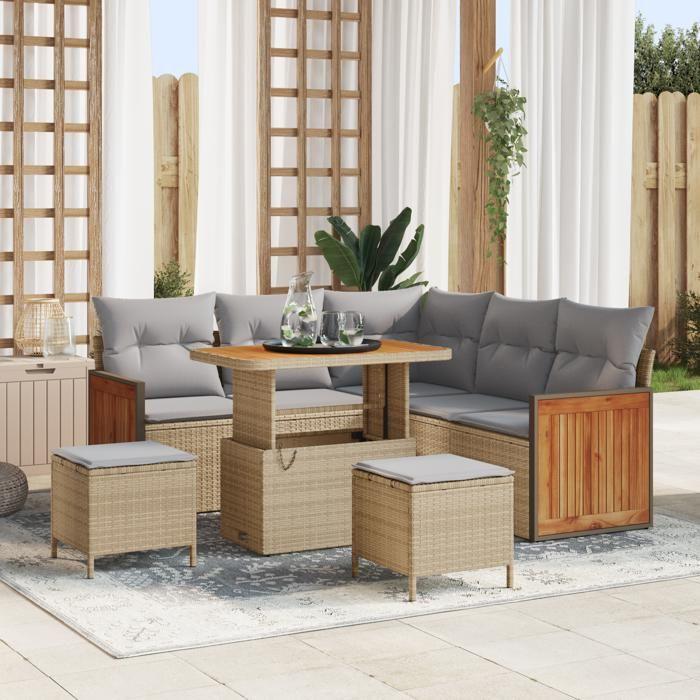 Ensemble de canapé de jardin 8 pièces avec coussins Beige Rattan synthétique Acacia, Canapé de jardin 2 places avec coussins 3363307