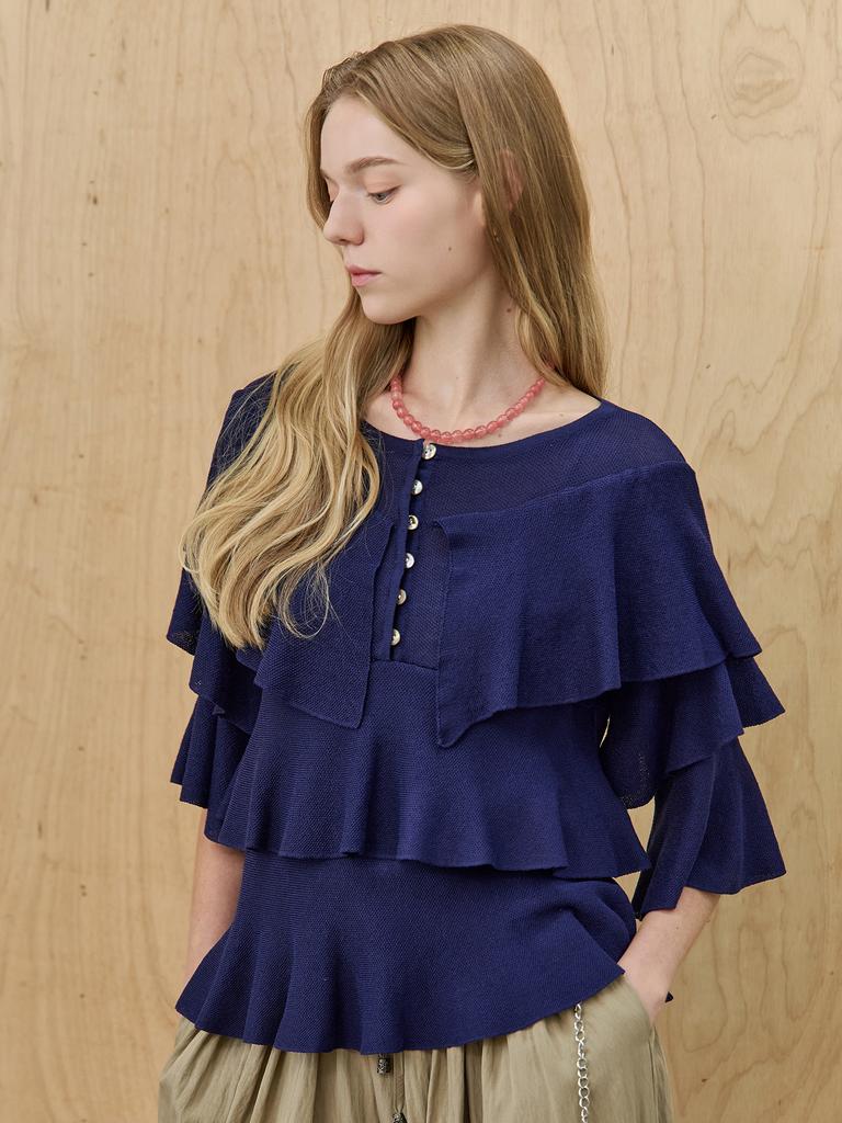 MAXZA Tiered Ruffle Round Neck Cape Knit