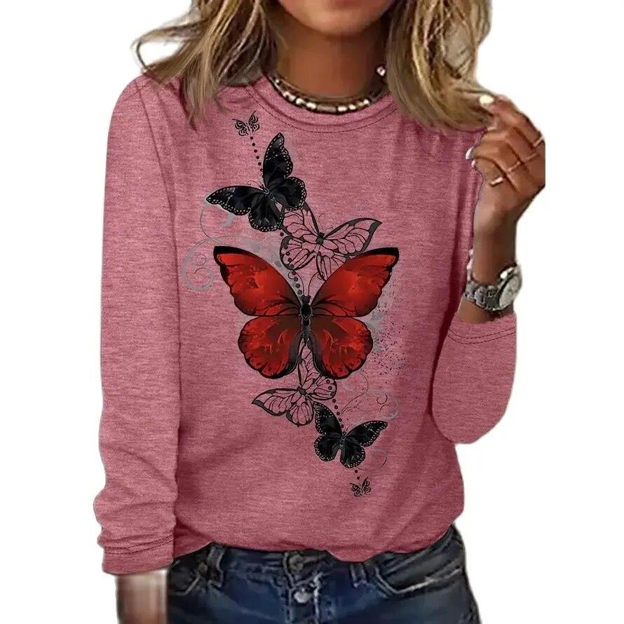 Women's 3d T-Shirt O-Neck Long Sleeve Butterfly Fashion Animal Print Large Casual Vintage Street Wear Oversized Female Clothing