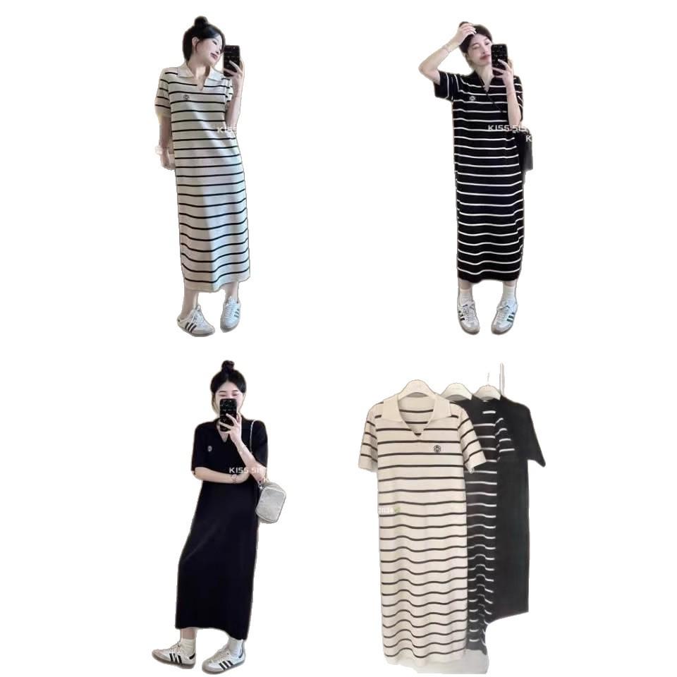 2024 Summer Striped Ice Silk Knit Polo Dress – Loose & Fashionable Design