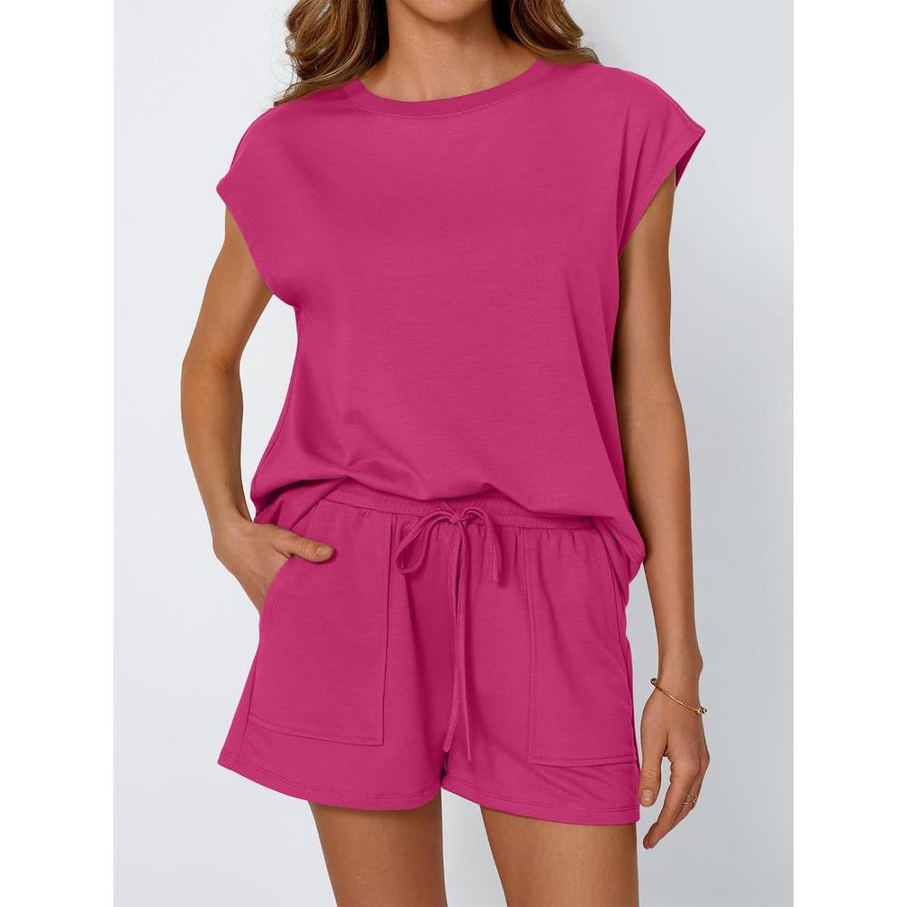 Women's Loose Fit Crew Neck Cap Sleeve Solid Pocket Drawstring Waist Short Pants Two Piece Casual Loungewear Set