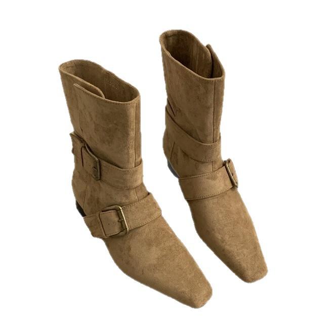 2025 Korean version of the new niche design retro French short boots small square head western boots suede medium boots women's boots