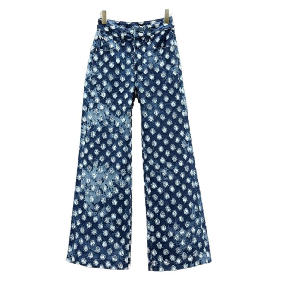 European station spring new jacquard hot diamond denim wide-leg pants women's high waist loose and thin extended floor pants