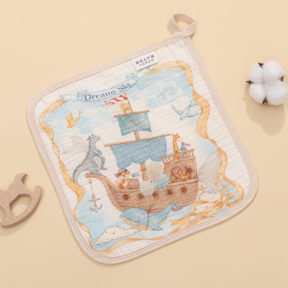 Four-Layer Gauze Cartoon Baby Towel: Absorbent Kindergarten Bib and Handkerchief.