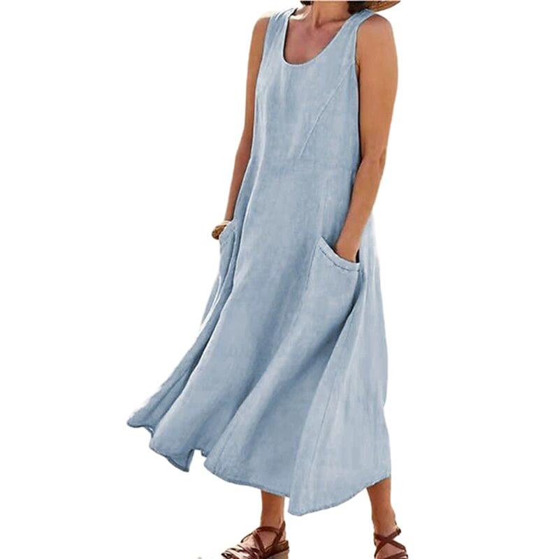 Women Summer Solid Color Crew Neck Sleeveless Cotton Linen Dress Loose Casual Long Dress