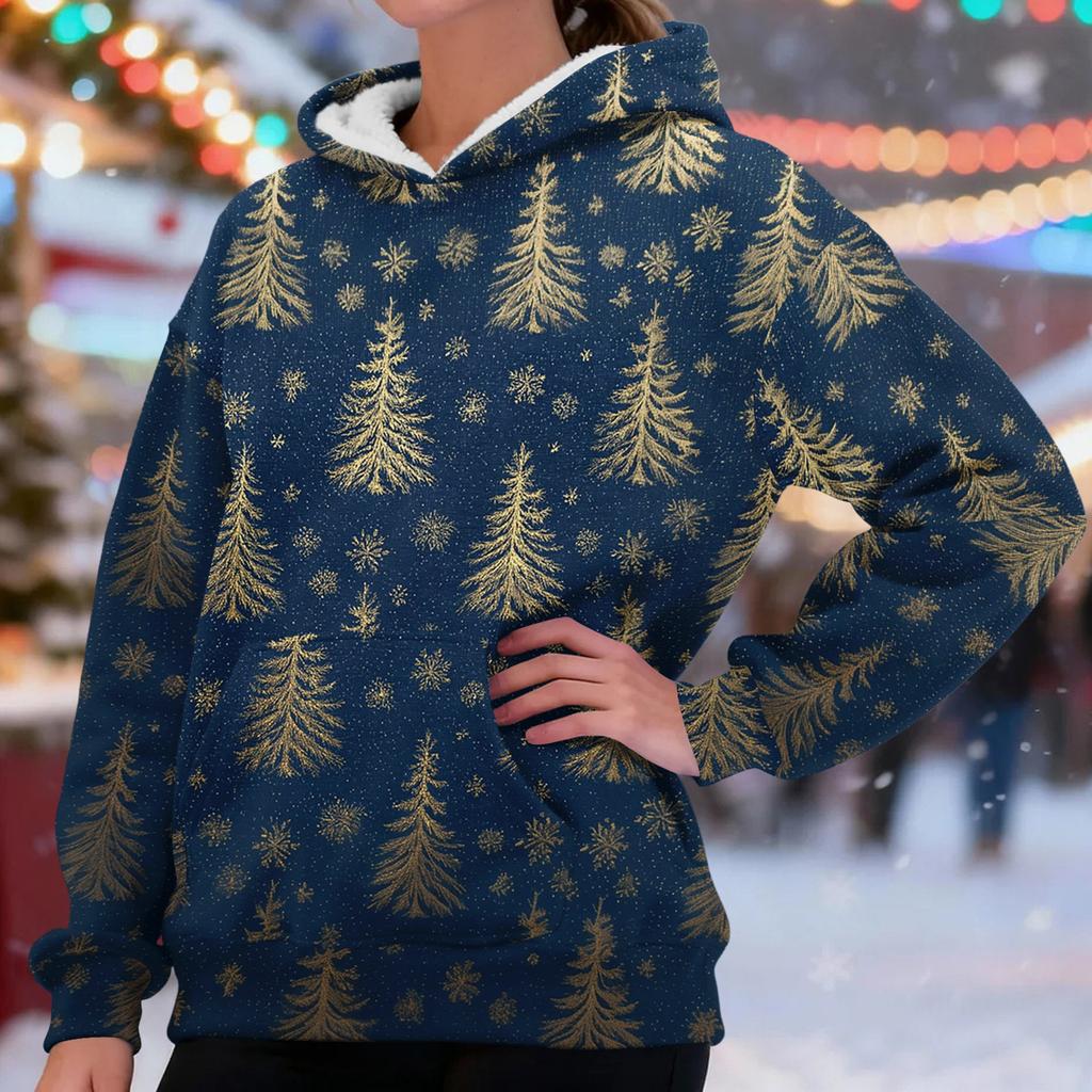 Women's Fashionable Casual Long-Sleeved Christmas Print Fleece-Lined Thick Hooded Sweatshirt