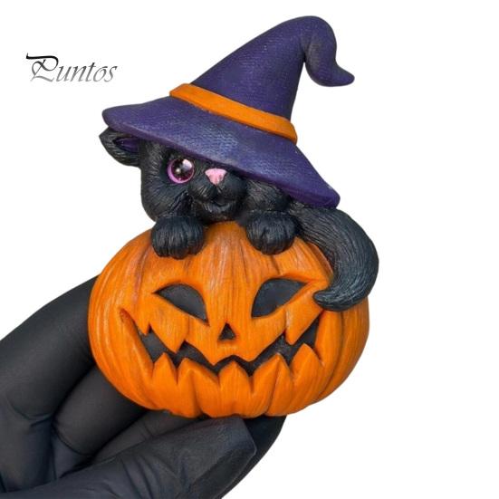 Spooky Halloween Gift for Friends Ornament, Witch Black Cat Pumpkin Shape, Durable Synthetic Resin Unique Holiday Kids Weather Resistant Figurine,
