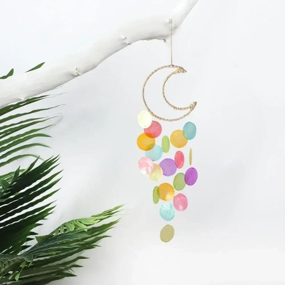 Hanging Shell Moon Wind Chimes Natural Shell Circle Shell Dream Catchers With Crisp Ringtones Home Decoration Shell Pendant