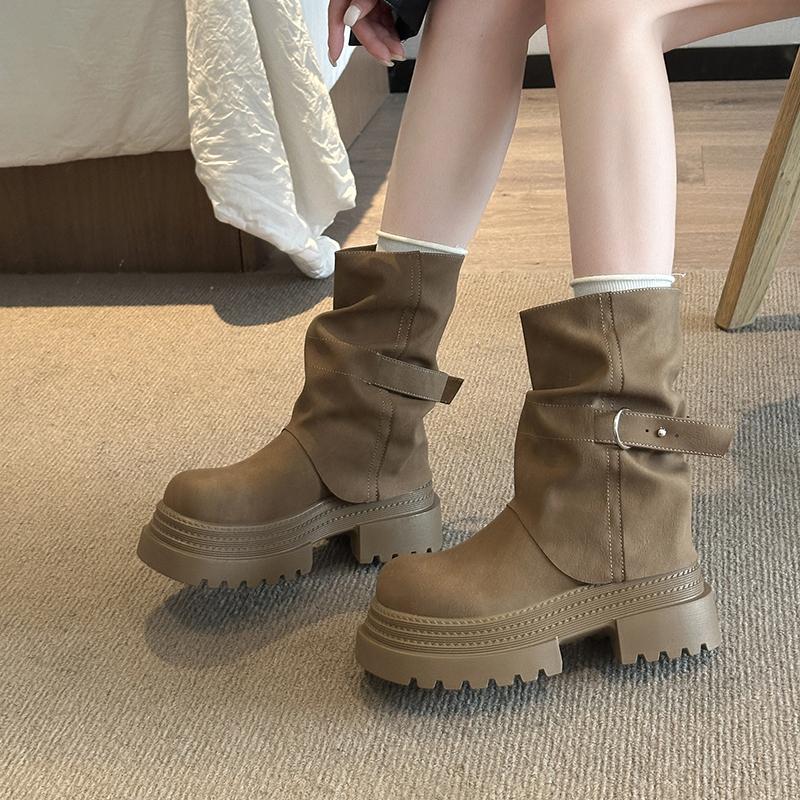 Thick Bottom Women Western Cowboy Boots Fashion Belt Buckle Autumn Winter Female Slip On Mid Calf Booties