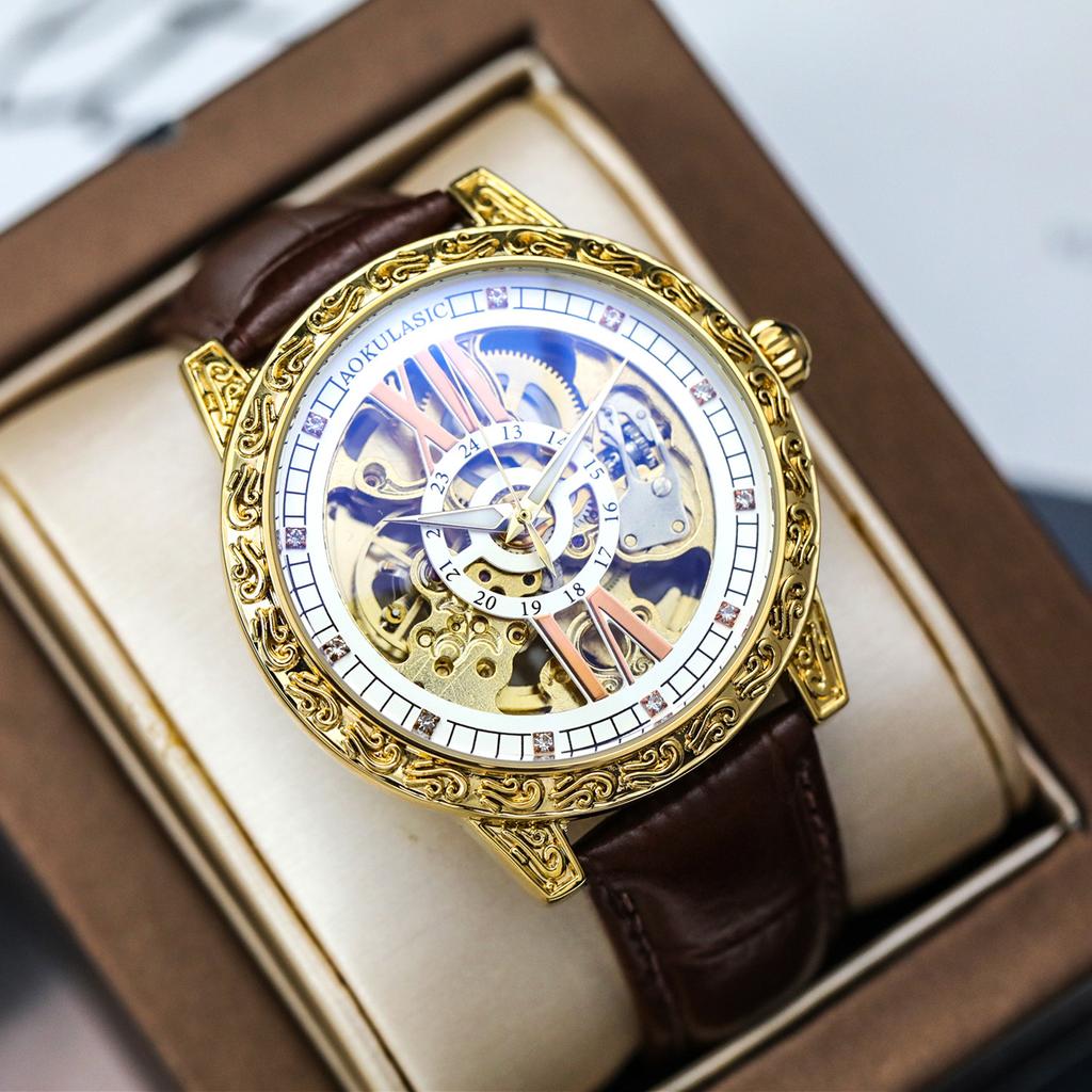 Luxury Men's Automatic Mechanical Watch Golden Engraved Skeleton Dial Roman Numeral Dial Luminous Dress Wrist Watch for Men