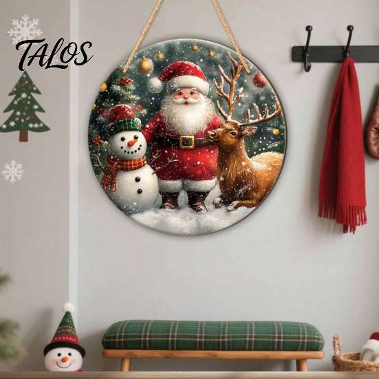 Rustic Christmas Wall Decor Wooden Round Hanging Sign, Santa Claus Highland Cow Winter Theme Farmhouse Holiday Art Door Decor, Welcome Ornament