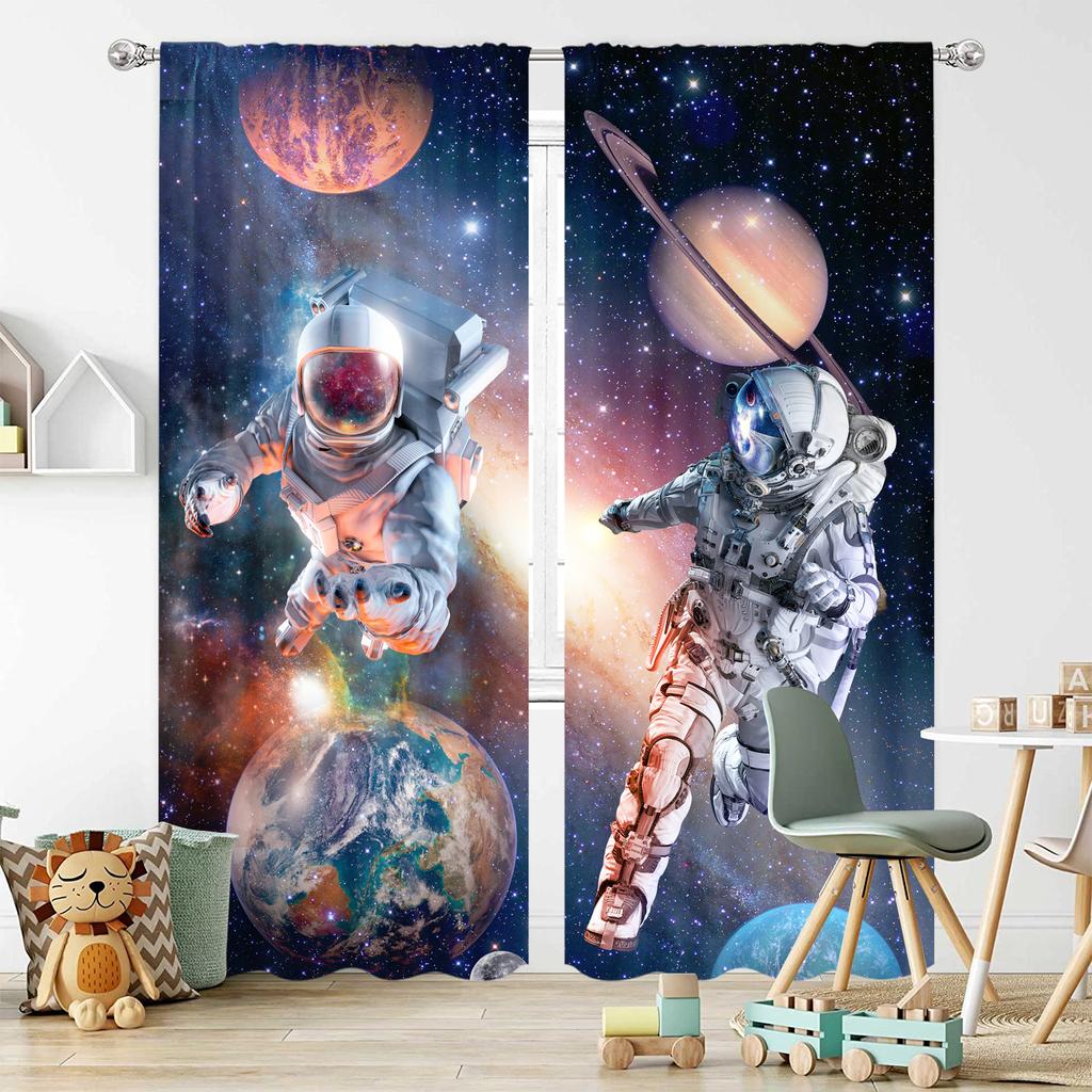 2pcs Universe Starry Sky Space Patterns Washable Rod Pocket Astronaut Curtain For Bedroom Office Kitchen Living Room Study Home